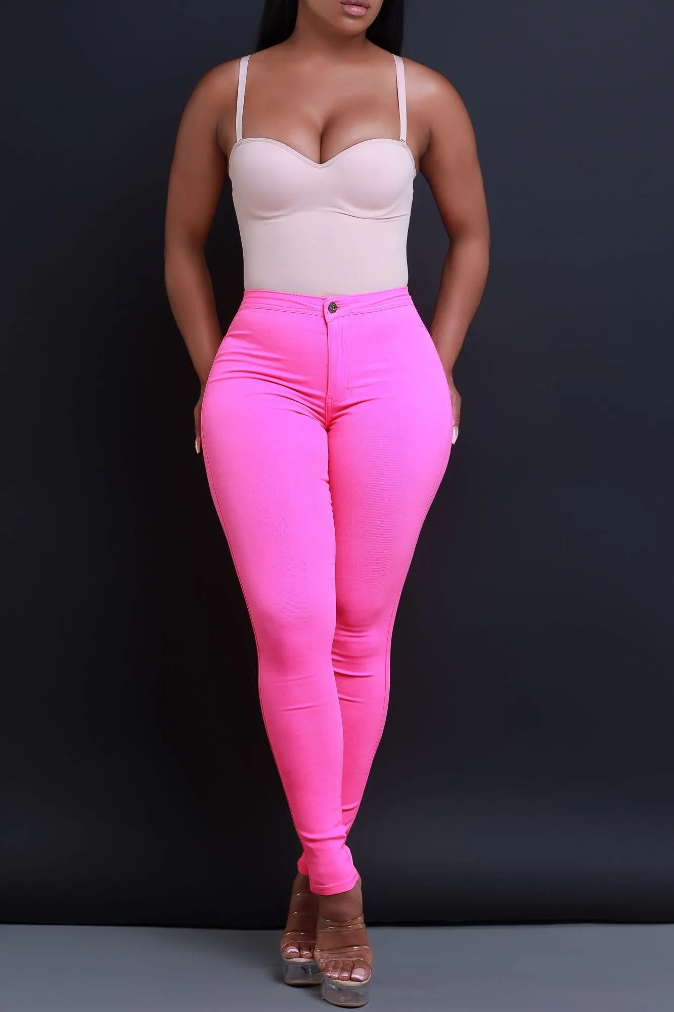 $5 Super Swank High Waist Stretchy Jeans - Neon Pink
