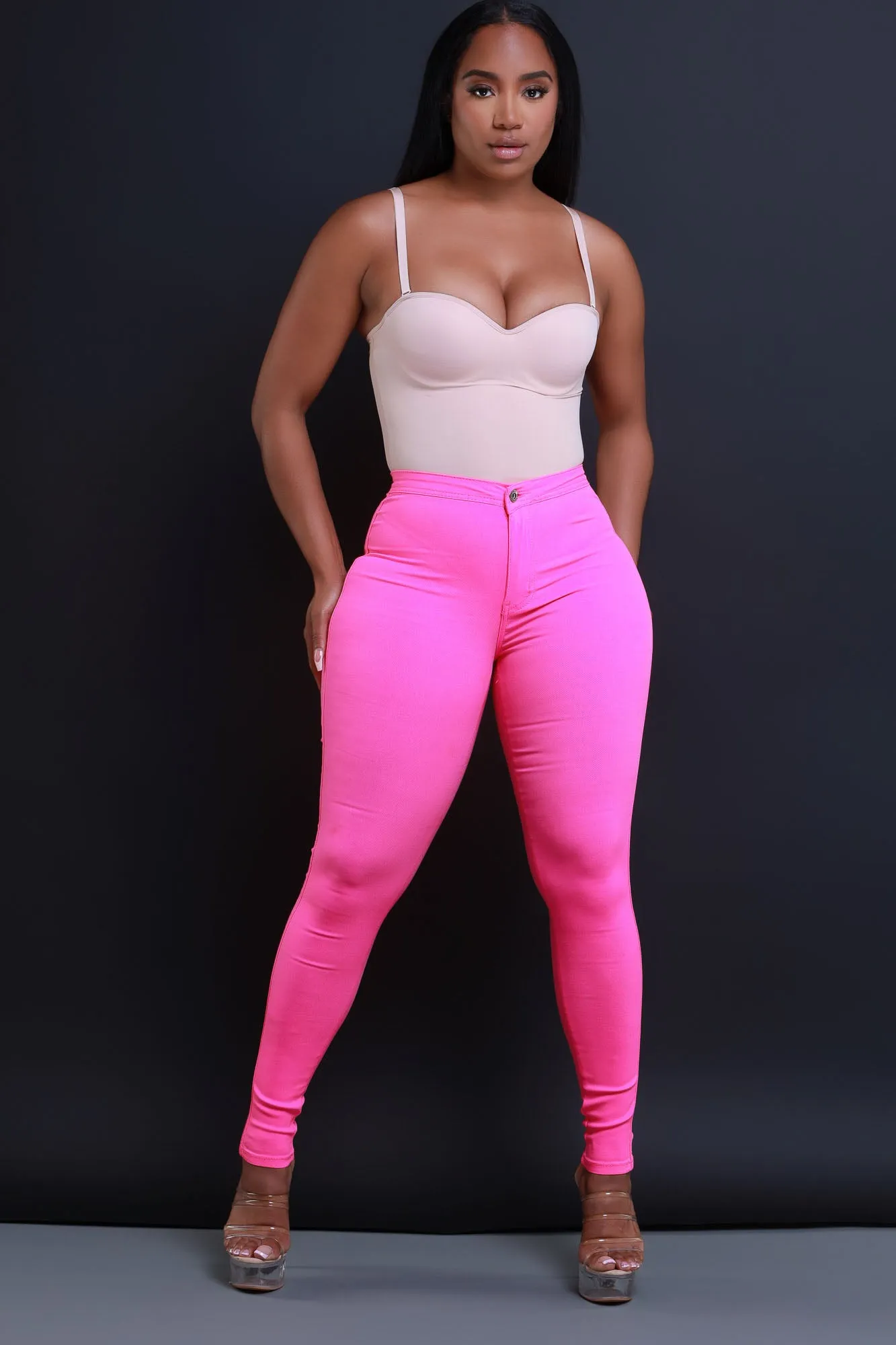 $5 Super Swank High Waist Stretchy Jeans - Neon Pink