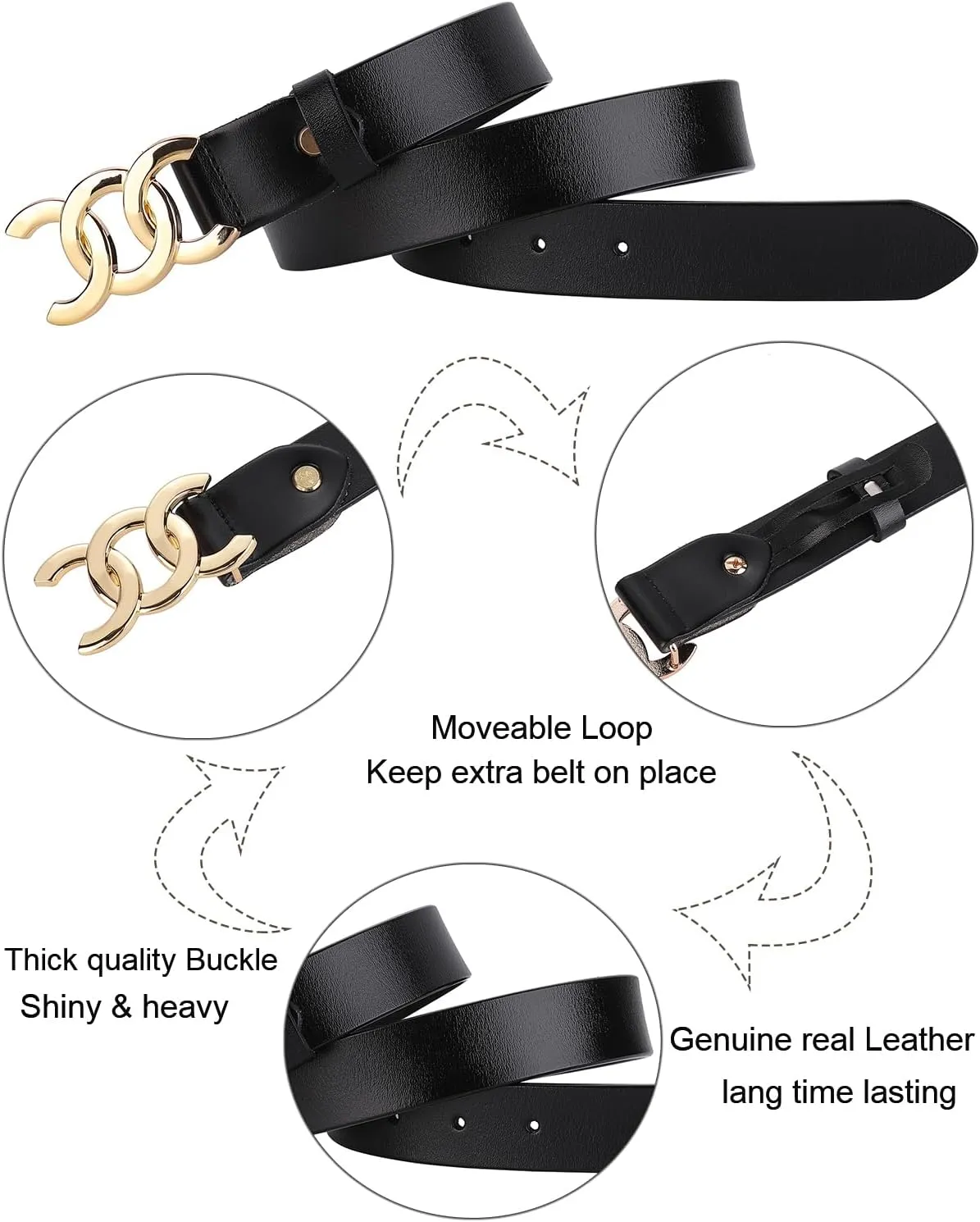 ALAIX Women's Belt Gold/Silver Buckle Belt Black leather belt Fashion Dress Pants Jeans belts for women
