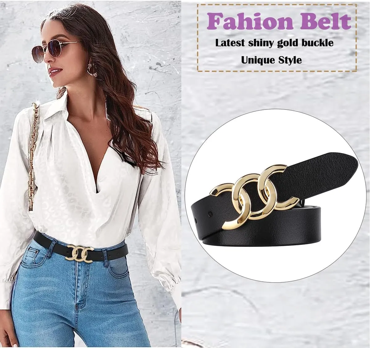 ALAIX Women's Belt Gold/Silver Buckle Belt Black leather belt Fashion Dress Pants Jeans belts for women