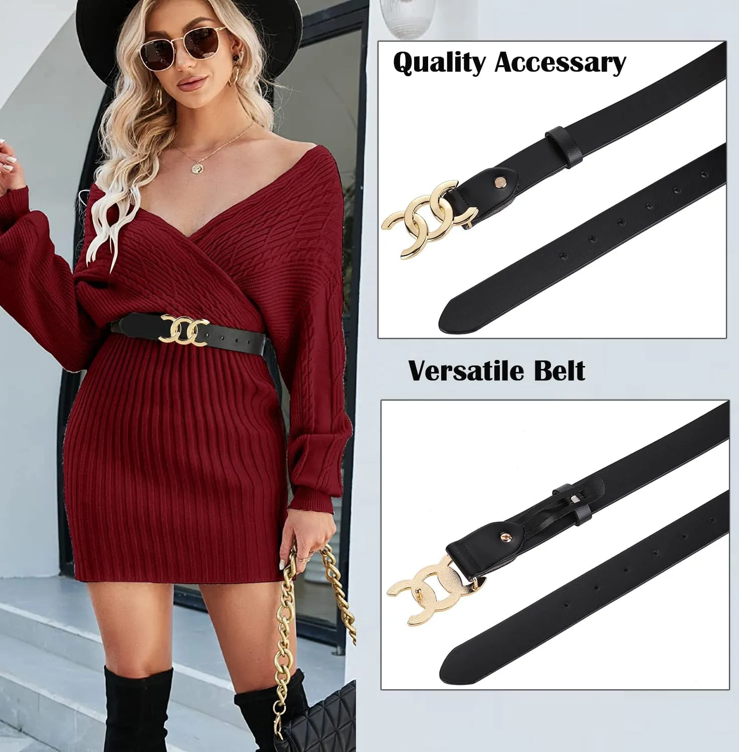 ALAIX Women's Belt Gold/Silver Buckle Belt Black leather belt Fashion Dress Pants Jeans belts for women