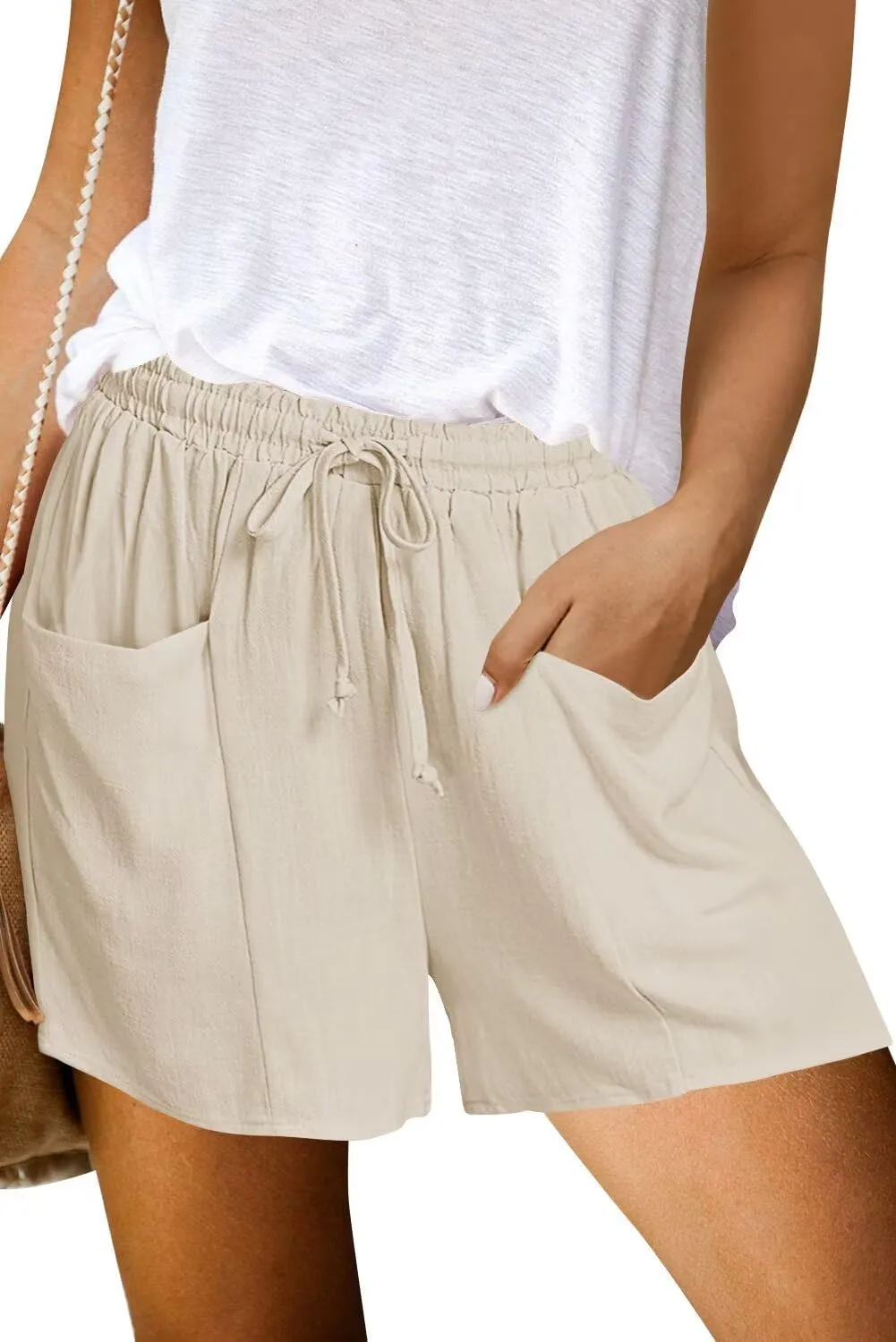 ANFTFH Women Summer Shorts Casual Cotton Linen Loose Comfy Pocket Beach Solid Elastic Waist Short