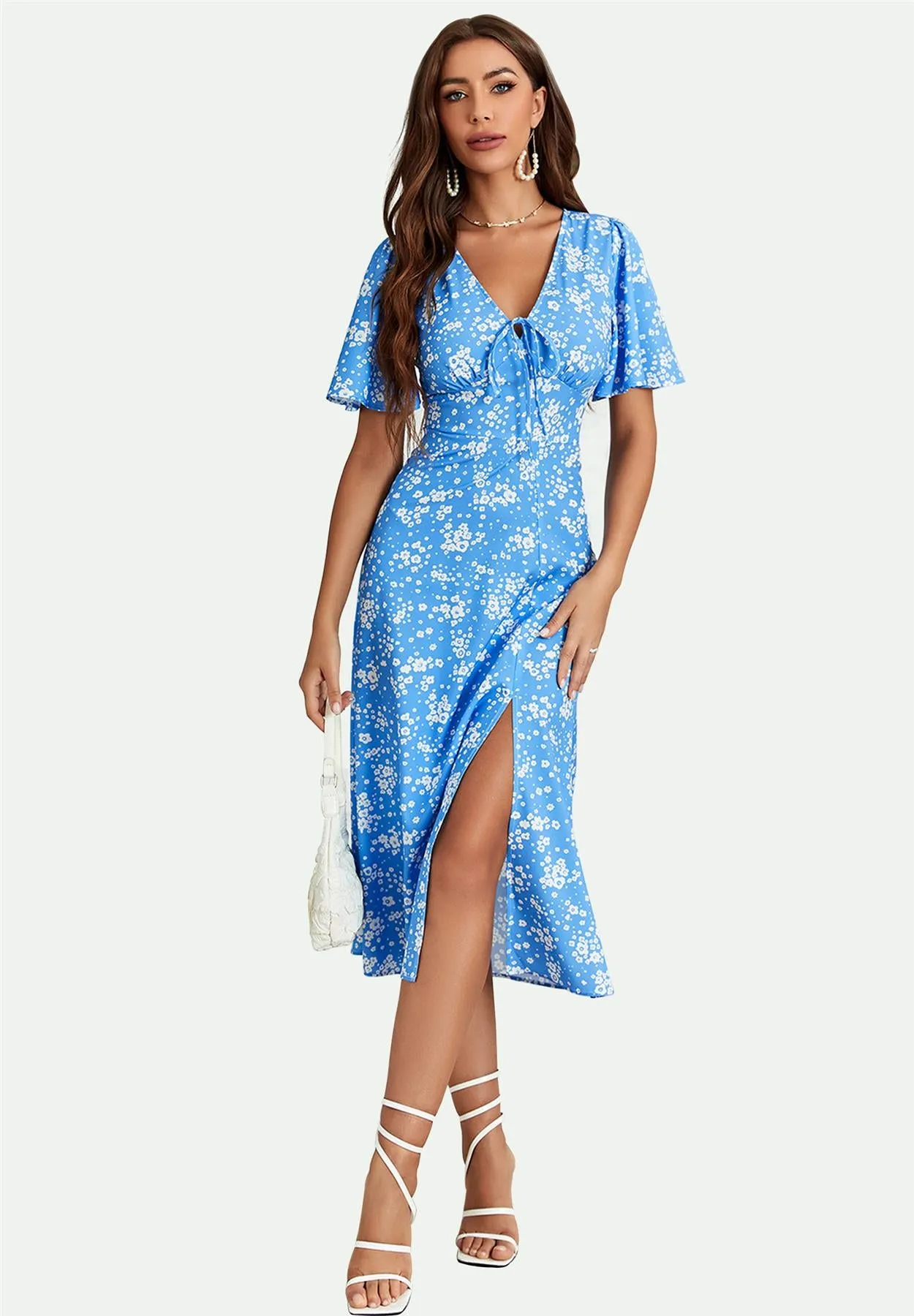 Angel Sleeve Midi Dress In Blue