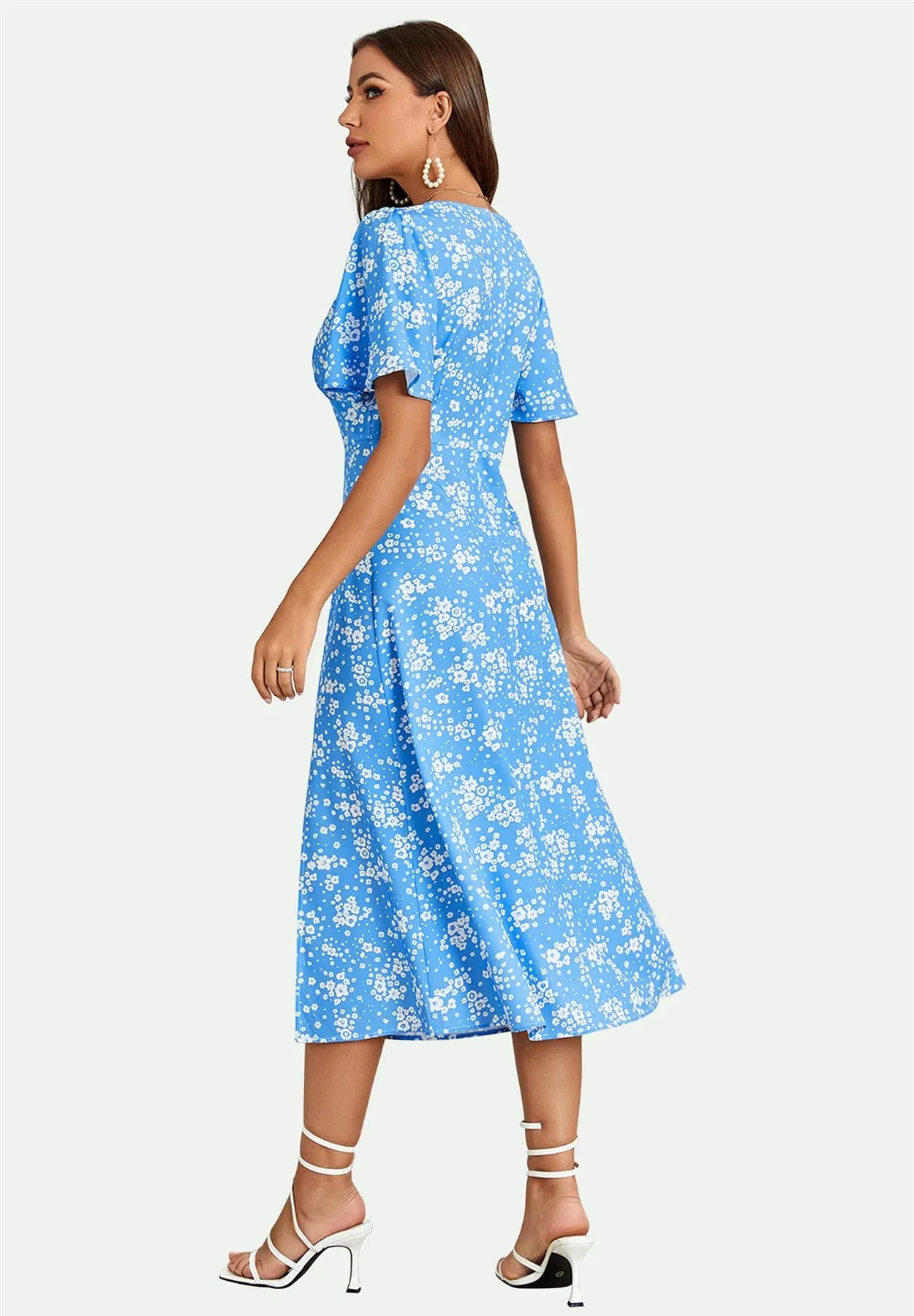 Angel Sleeve Midi Dress In Blue