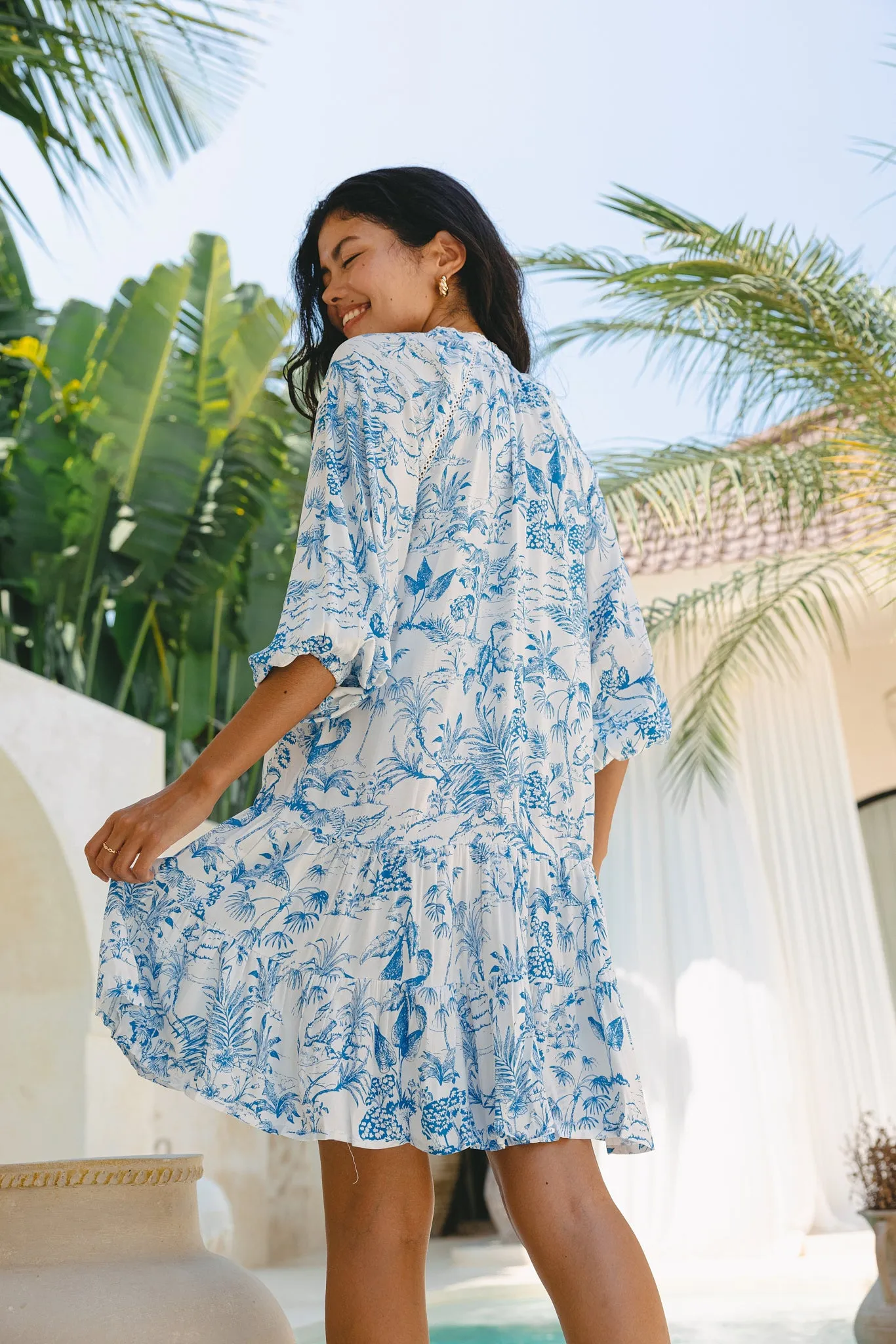 Avalon Blue Tropical Toile Tiered Mini Dress