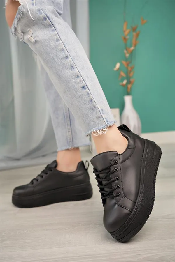 aymood bağcikli kadin sporgünlük yüksek taban sneakers spor ayakkabi siyah cilt