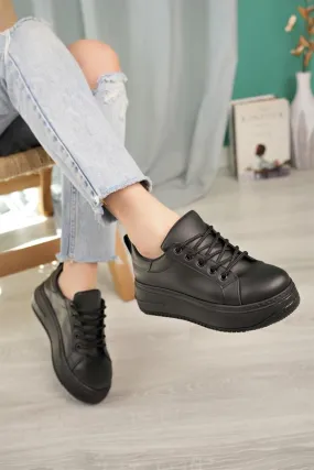 aymood bağcikli kadin sporgünlük yüksek taban sneakers spor ayakkabi siyah cilt