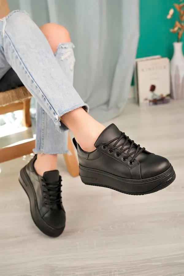 aymood bağcikli kadin sporgünlük yüksek taban sneakers spor ayakkabi siyah cilt