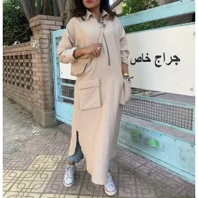 Beige front zipper shirt dress