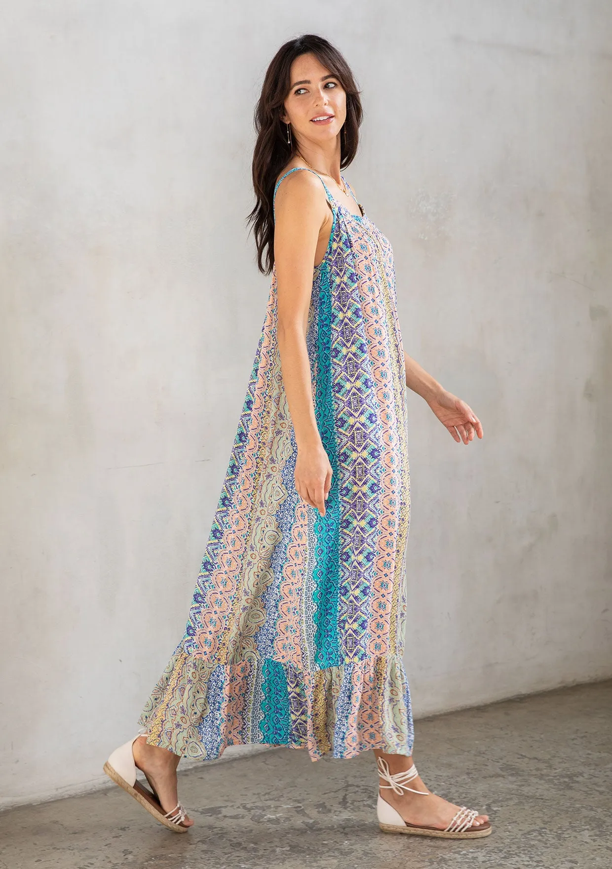 Boho Multi-Color Resort Flowy Tank Maxi Dress