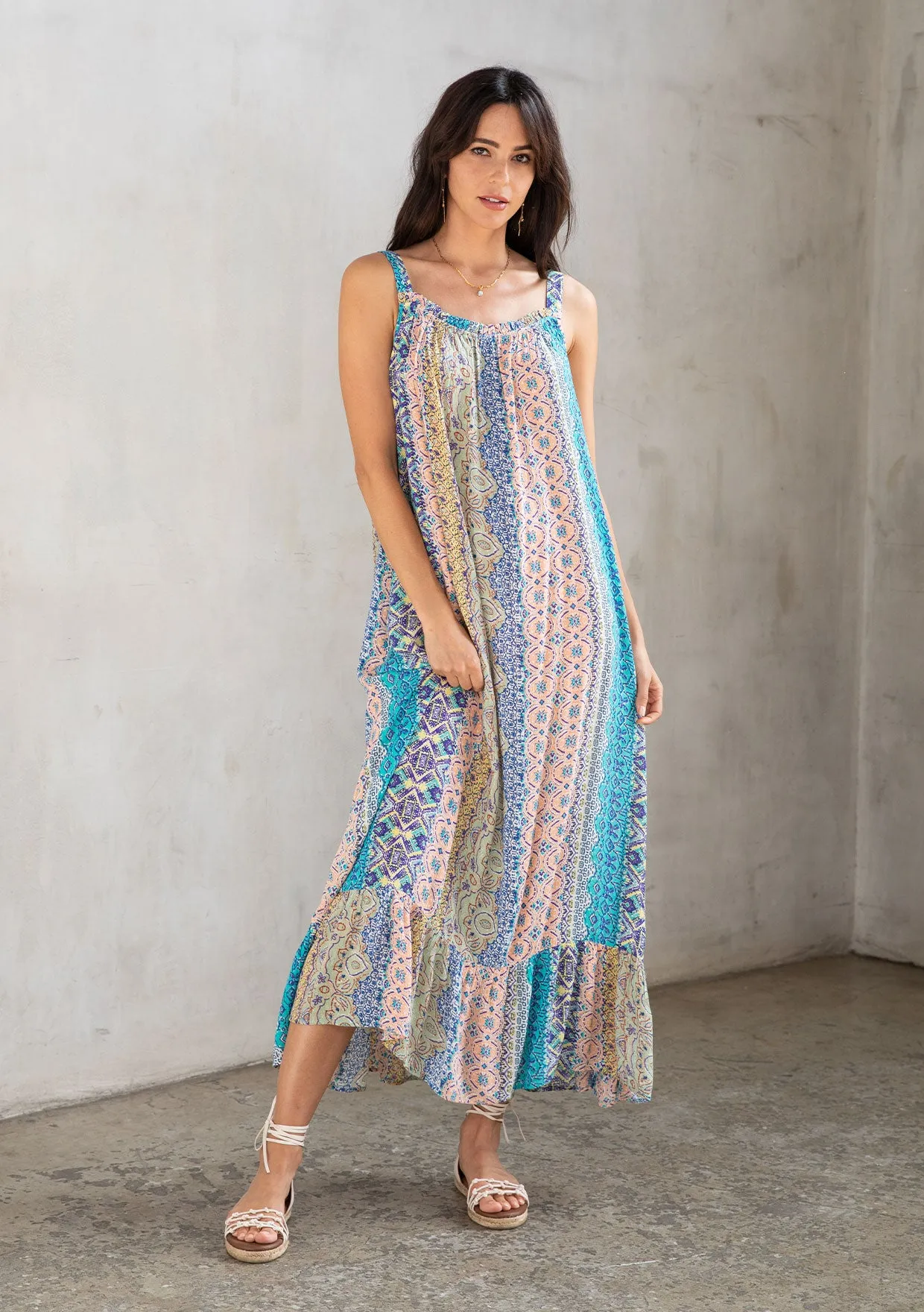 Boho Multi-Color Resort Flowy Tank Maxi Dress