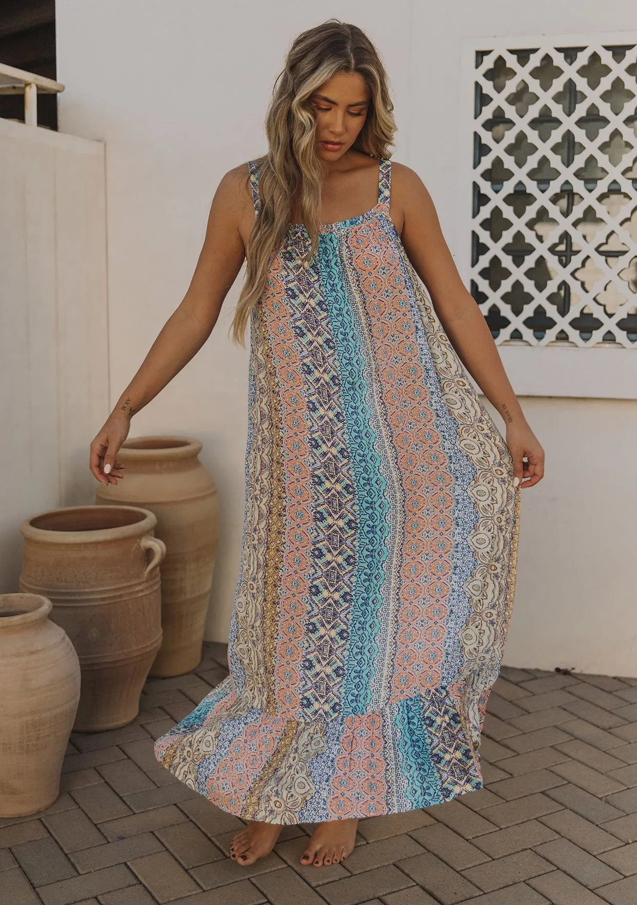 Boho Multi-Color Resort Flowy Tank Maxi Dress
