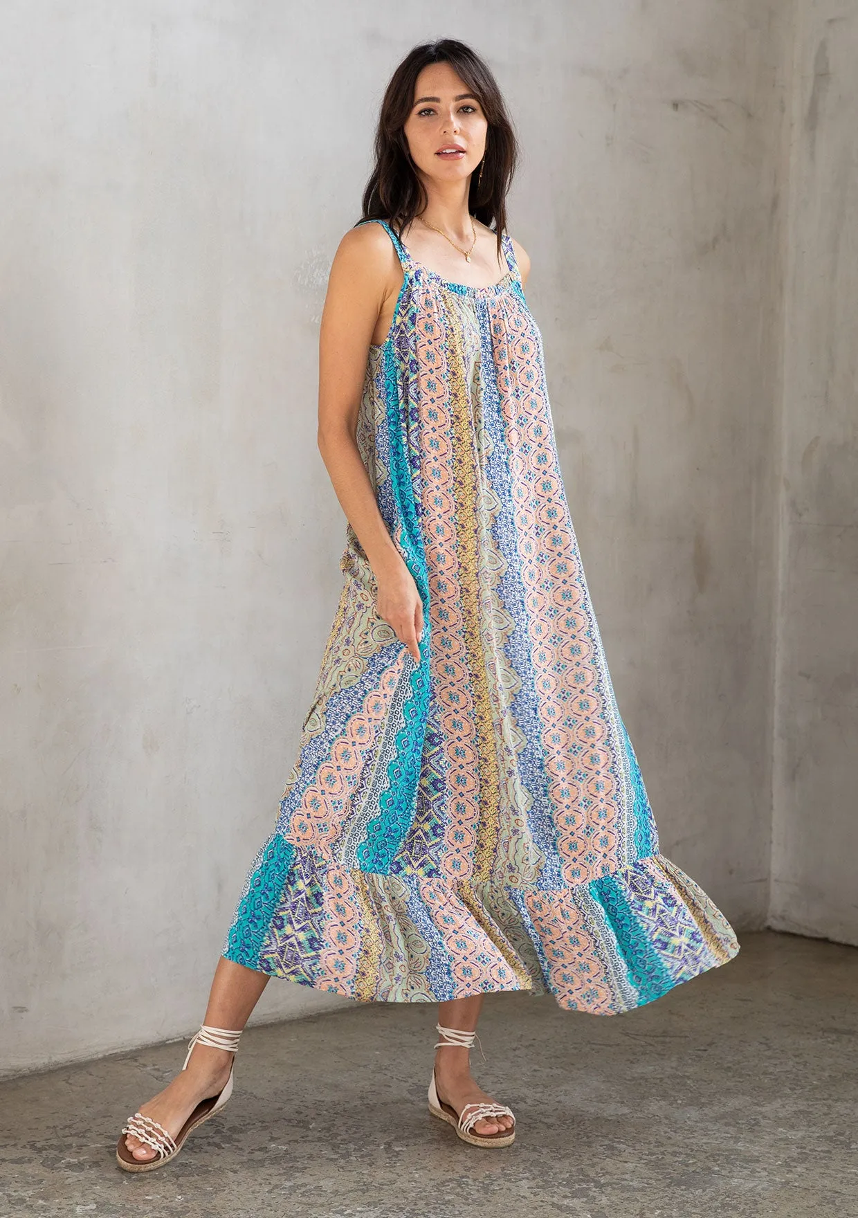Boho Multi-Color Resort Flowy Tank Maxi Dress