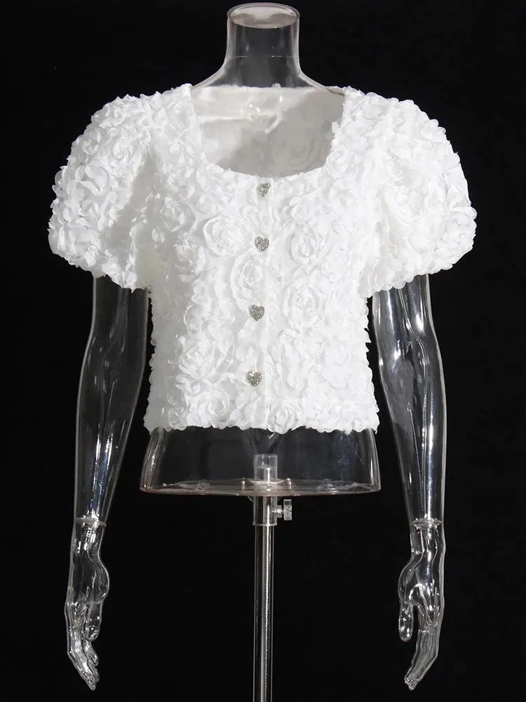Casual Single Breasted Shirt For Women Square Collar Puff Sleeve Patchwork Floral Solid Minimalist Blouses Females