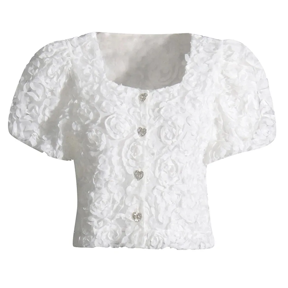 Casual Single Breasted Shirt For Women Square Collar Puff Sleeve Patchwork Floral Solid Minimalist Blouses Females
