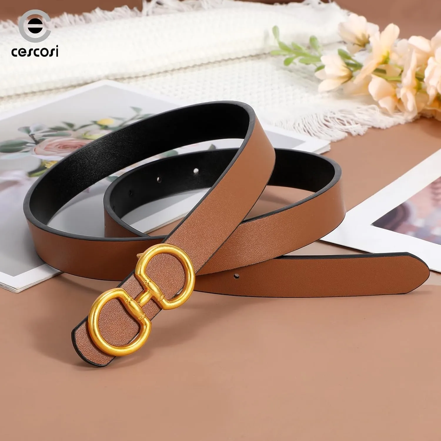 CESCOSI Reversible Leather Belt for Women with Gold Buckle 0.9 Width Ladies Leather Belt for Jeans Pants