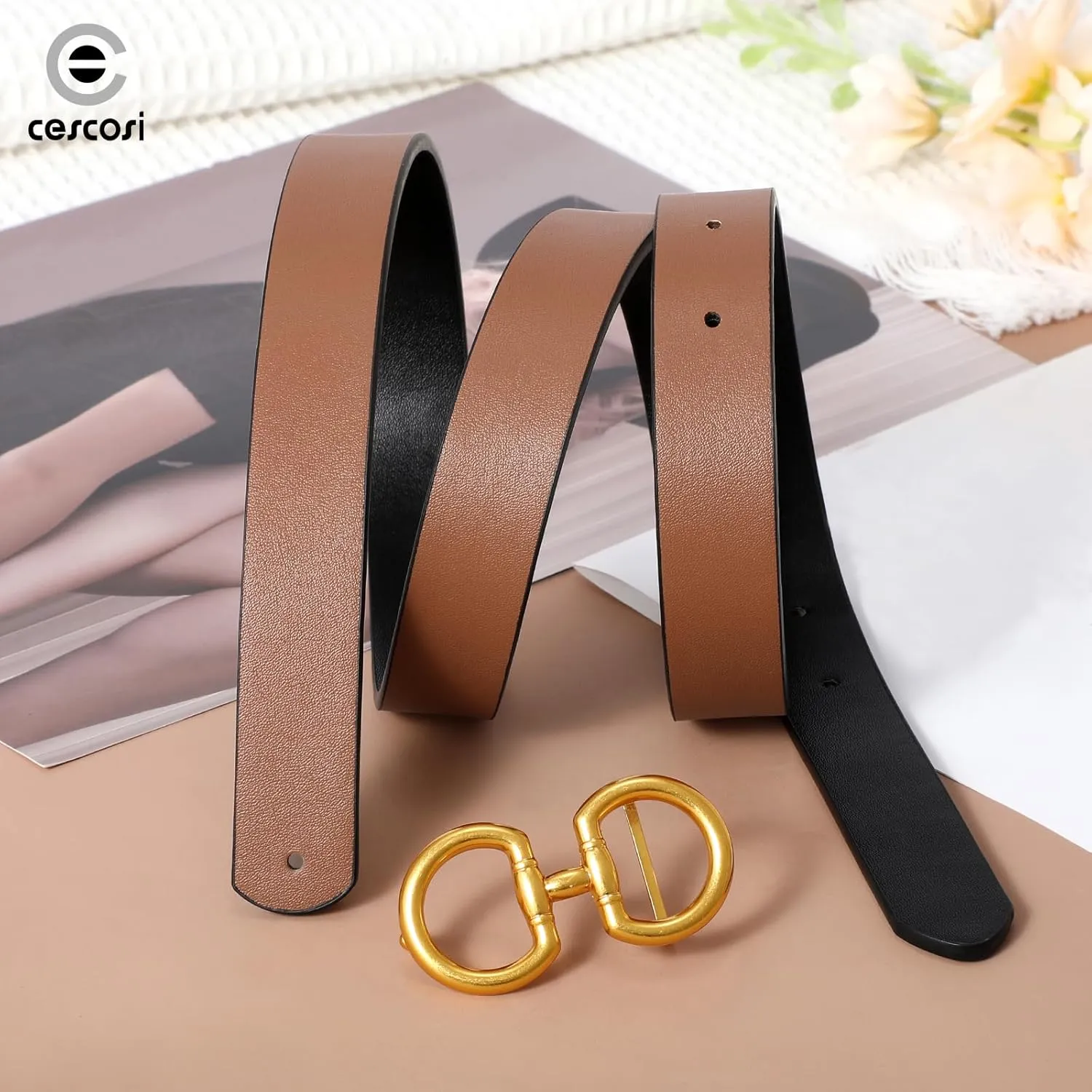 CESCOSI Reversible Leather Belt for Women with Gold Buckle 0.9 Width Ladies Leather Belt for Jeans Pants