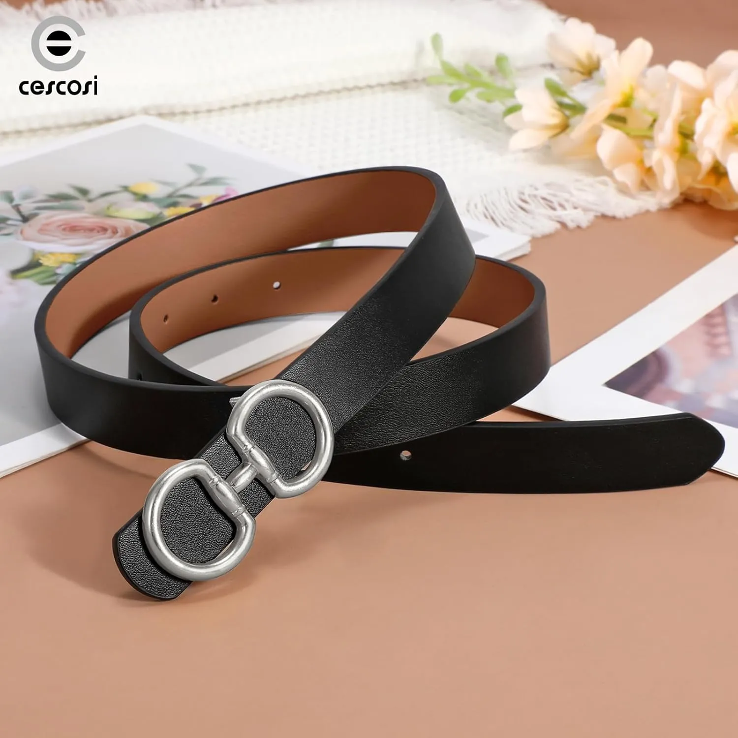 CESCOSI Reversible Leather Belt for Women with Gold Buckle 0.9 Width Ladies Leather Belt for Jeans Pants