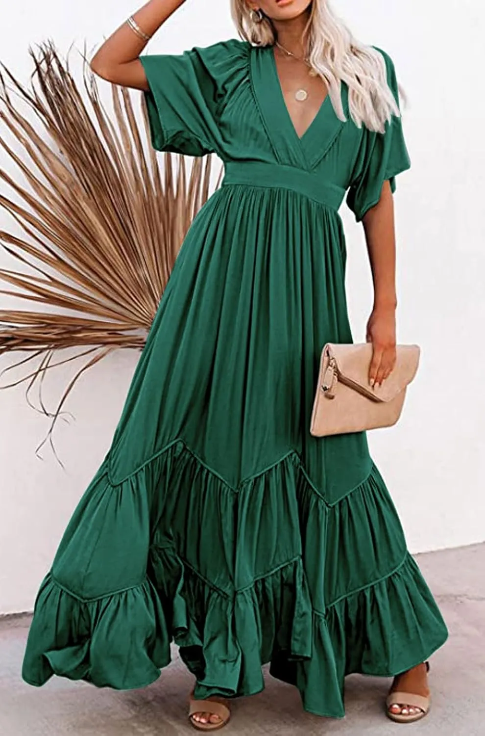 CHARTOU Women's Boho Ruffle Sleeve Flowy Maxi Dress Lace Up Back Tiered Party A Line Dress