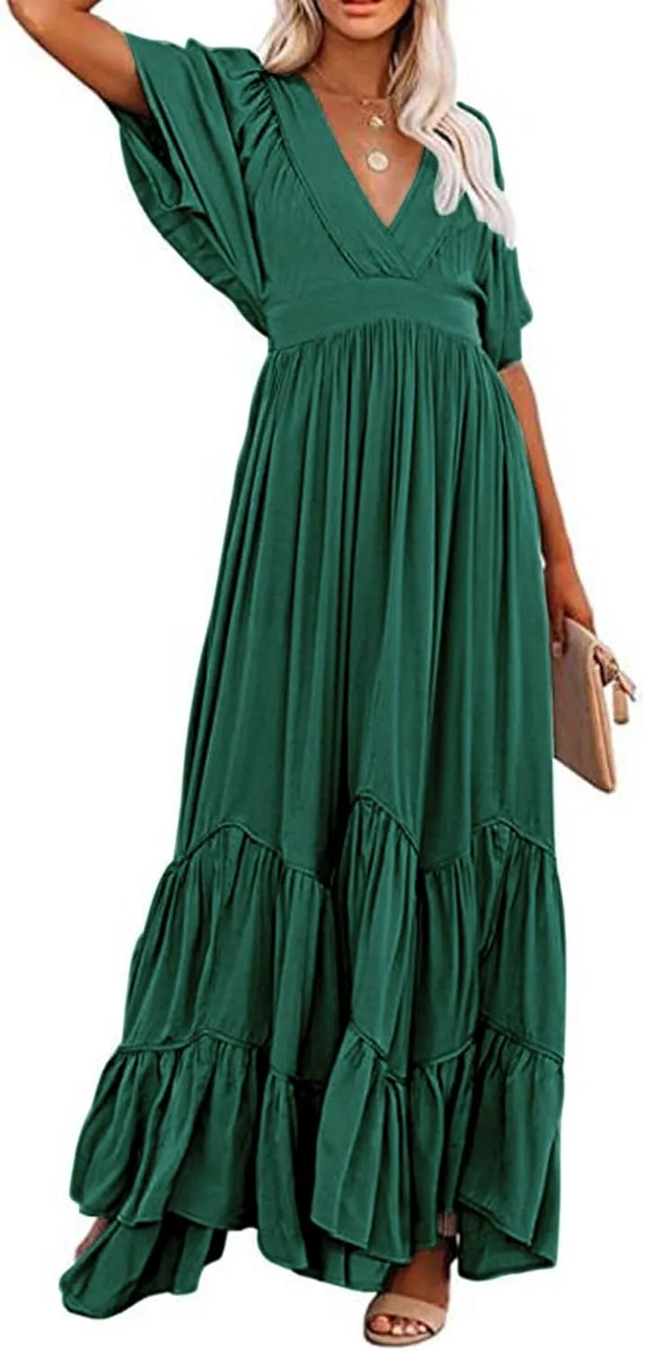 CHARTOU Women's Boho Ruffle Sleeve Flowy Maxi Dress Lace Up Back Tiered Party A Line Dress