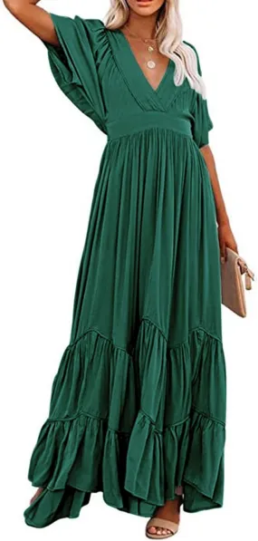 CHARTOU Women's Boho Ruffle Sleeve Flowy Maxi Dress Lace Up Back Tiered Party A Line Dress