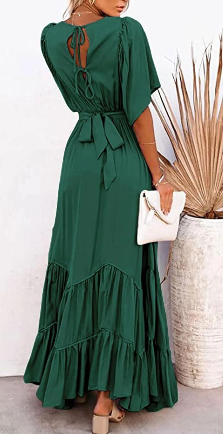 CHARTOU Women's Boho Ruffle Sleeve Flowy Maxi Dress Lace Up Back Tiered Party A Line Dress