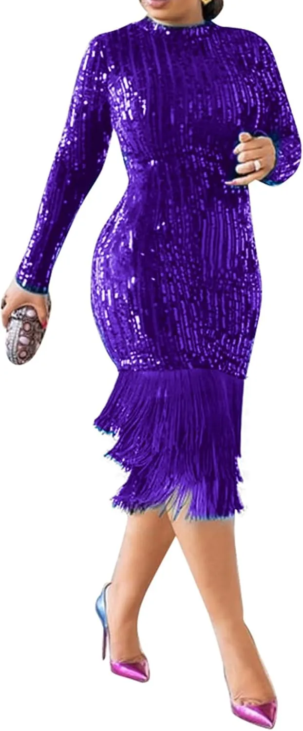 Cololura Elegant Women Sequin Short Sleeve Tassel Bodycon Midi Dress Party Evening Gown Formal Dress