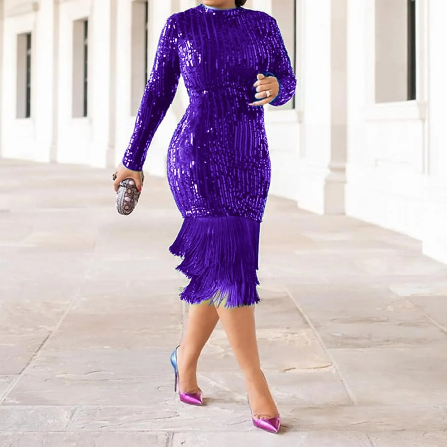 Cololura Elegant Women Sequin Short Sleeve Tassel Bodycon Midi Dress Party Evening Gown Formal Dress