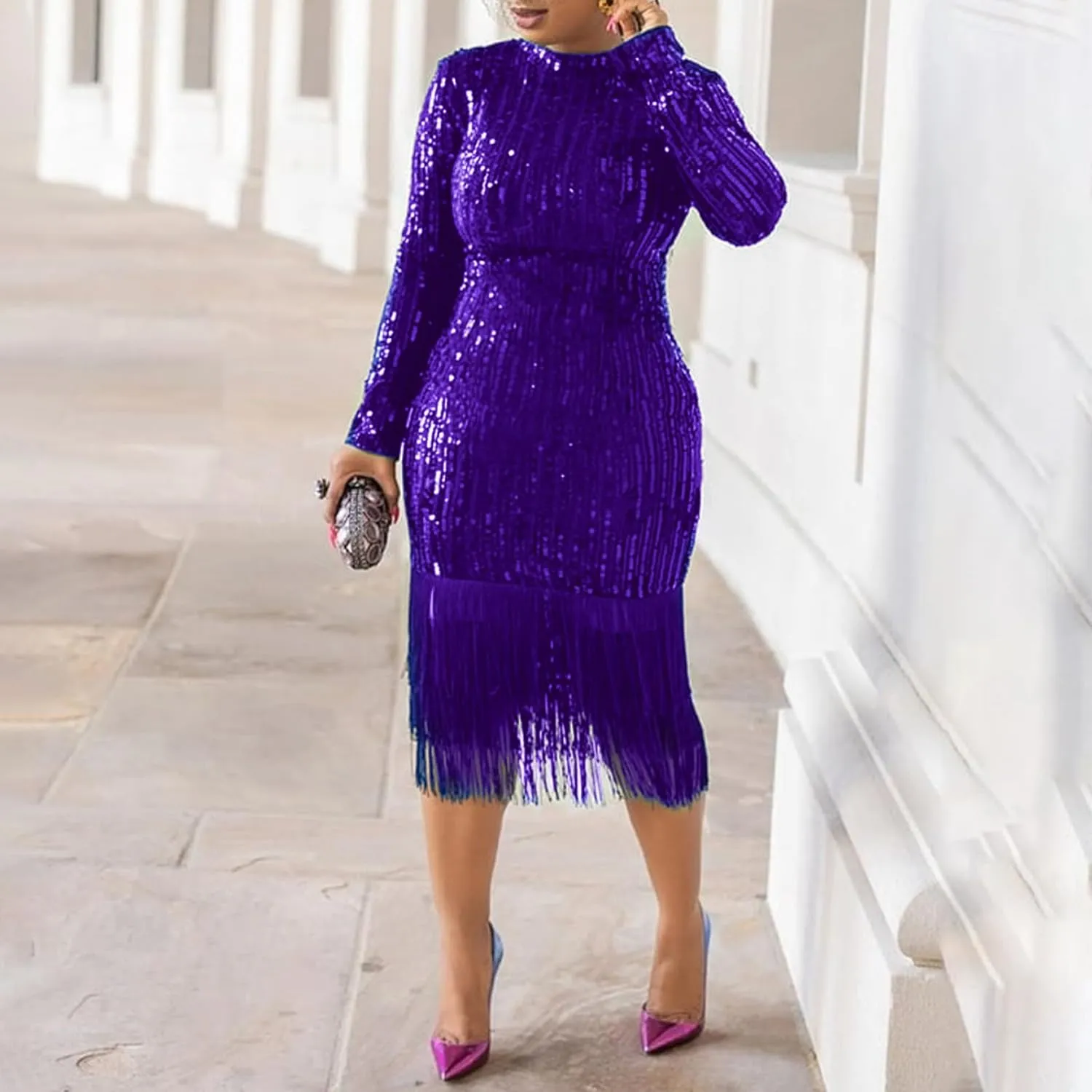 Cololura Elegant Women Sequin Short Sleeve Tassel Bodycon Midi Dress Party Evening Gown Formal Dress