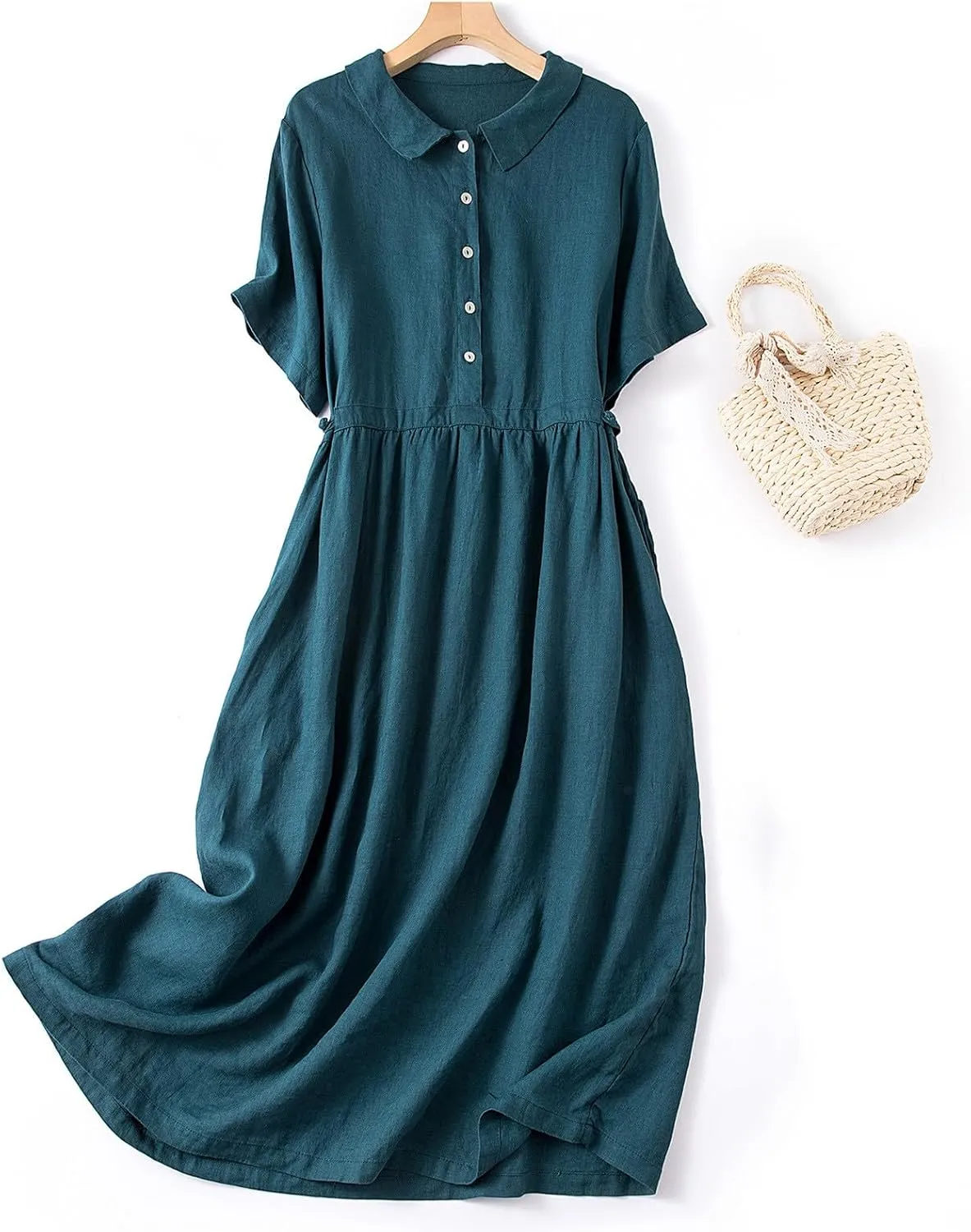 Cotton Linen Maxi Dresses for Women Summer Fashion Lapel Short Sleeve High Waist Beach Button Shirt Dress