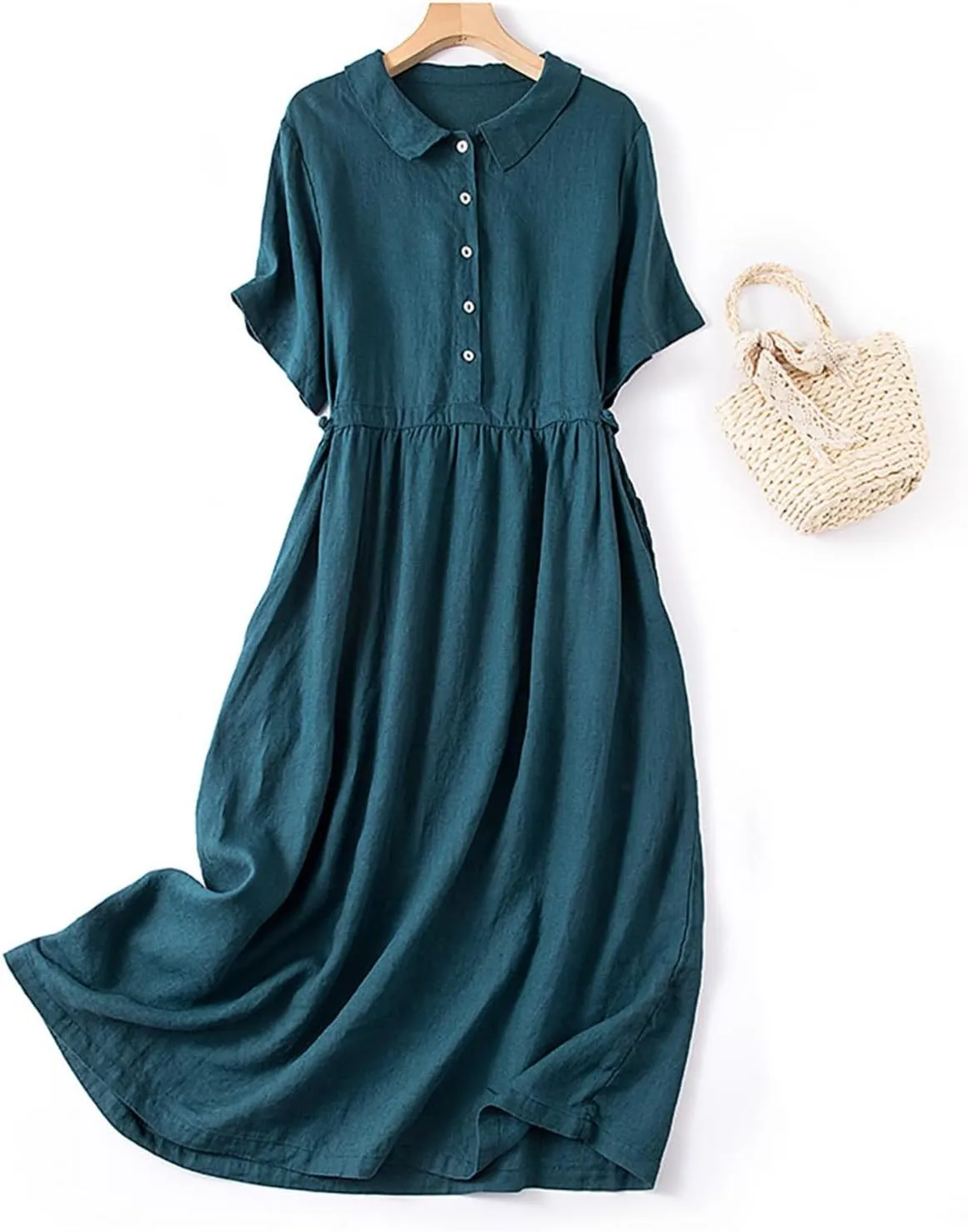 Cotton Linen Maxi Dresses for Women Summer Fashion Lapel Short Sleeve High Waist Beach Button Shirt Dress