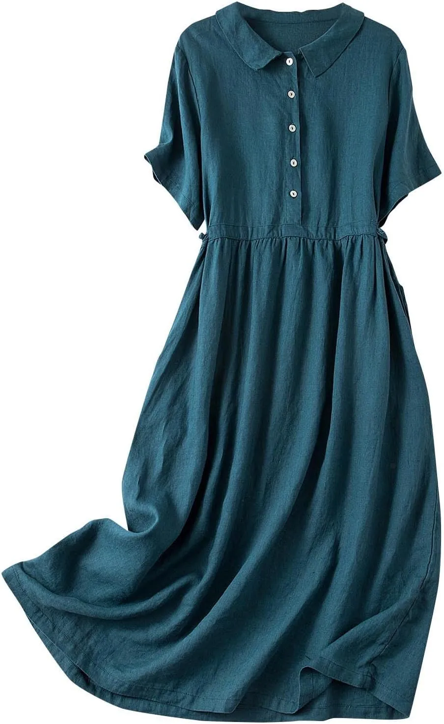 Cotton Linen Maxi Dresses for Women Summer Fashion Lapel Short Sleeve High Waist Beach Button Shirt Dress