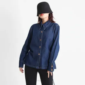 Denim Vintage Button Through Blouse For Women Lapel Long Sleeve Minimalist Casual Shirts Female Autumn Clothing