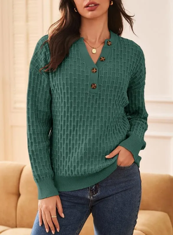 Dokotoo Womens Sweaters 2024 Casual Long Sleeve V Neck Textured Button Fall Sweater Loose Fit Pullover Jumper Tops