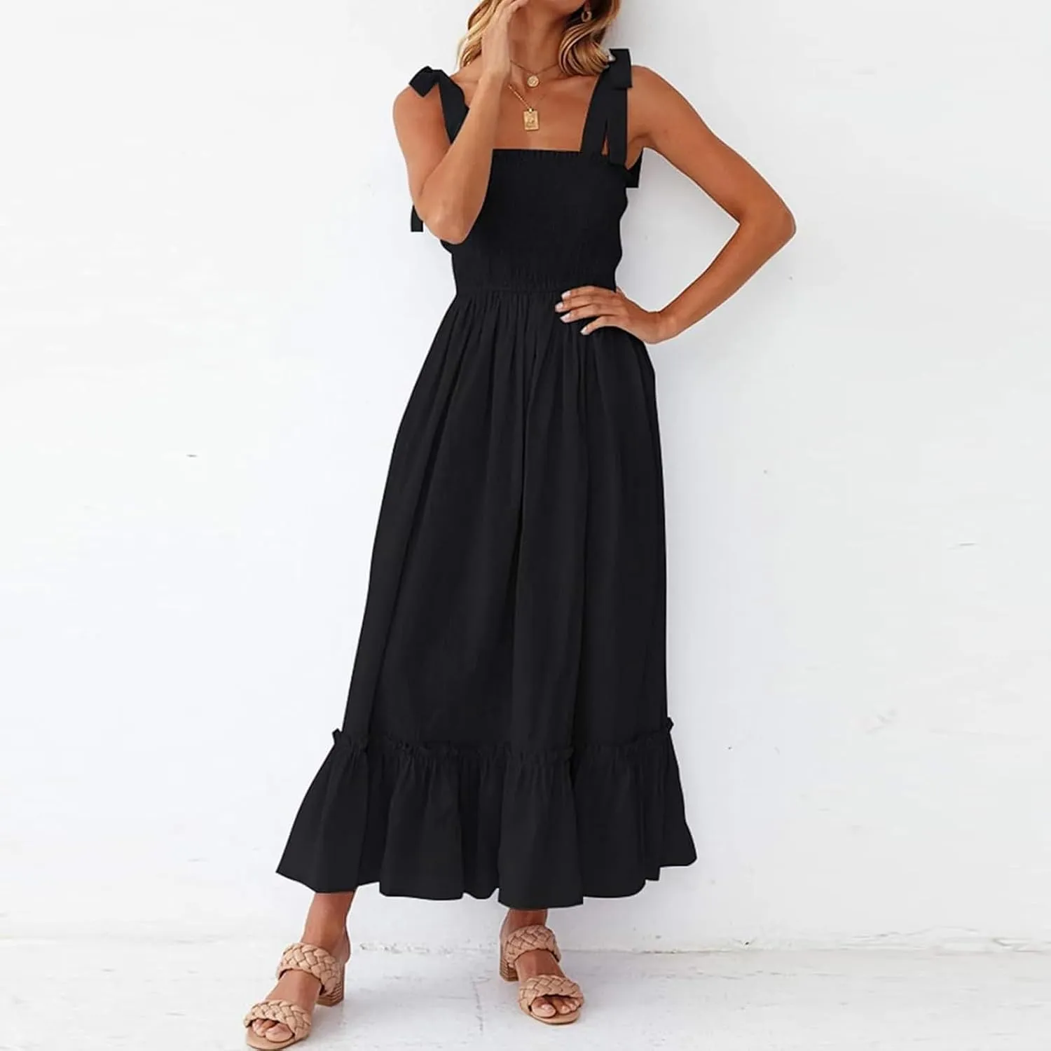 Dresses for Women 2025 Summer Boho Sleeveless Square Neck Ruffle Flowy Swing Dress A Line Beach Maxi Dress Sundress