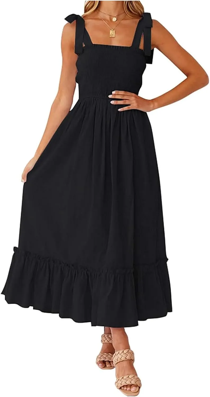 Dresses for Women 2025 Summer Boho Sleeveless Square Neck Ruffle Flowy Swing Dress A Line Beach Maxi Dress Sundress