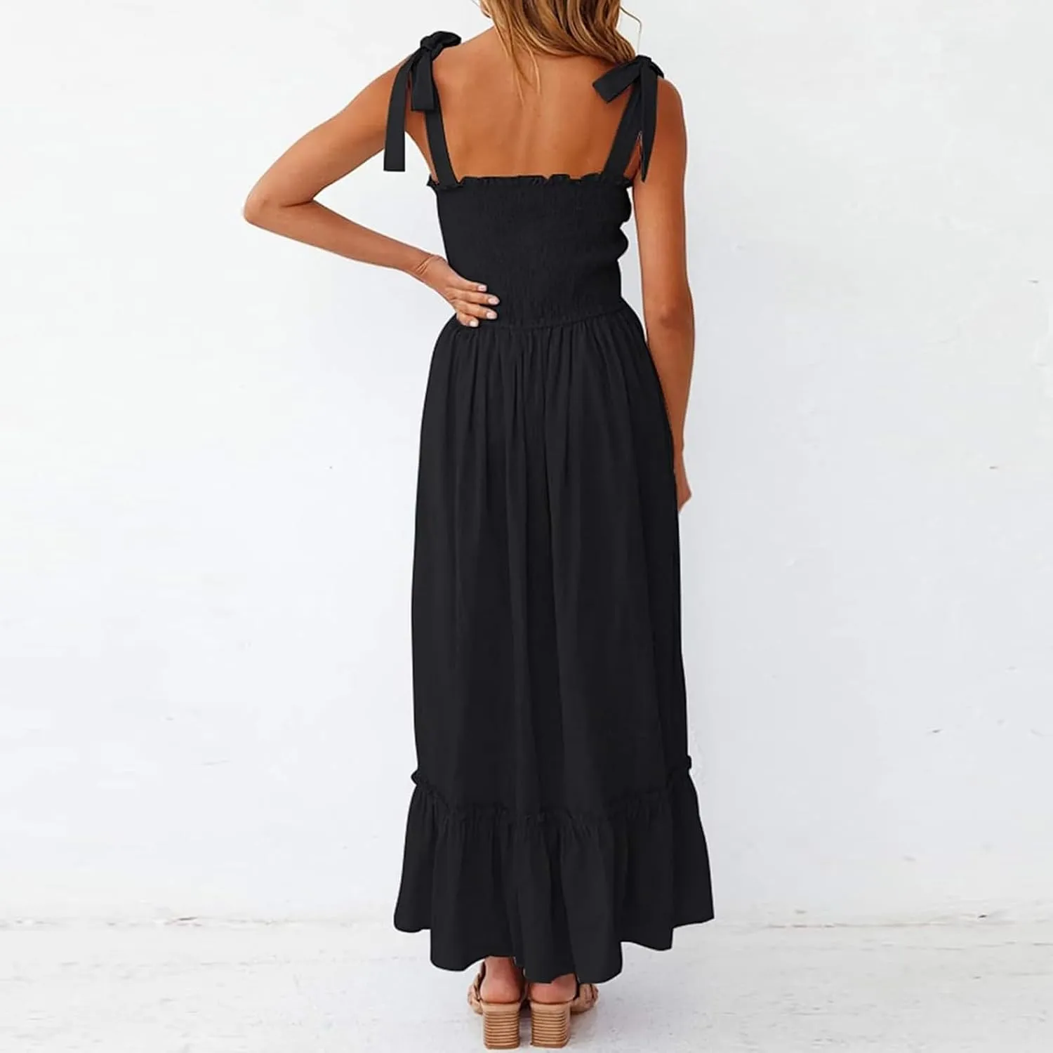 Dresses for Women 2025 Summer Boho Sleeveless Square Neck Ruffle Flowy Swing Dress A Line Beach Maxi Dress Sundress