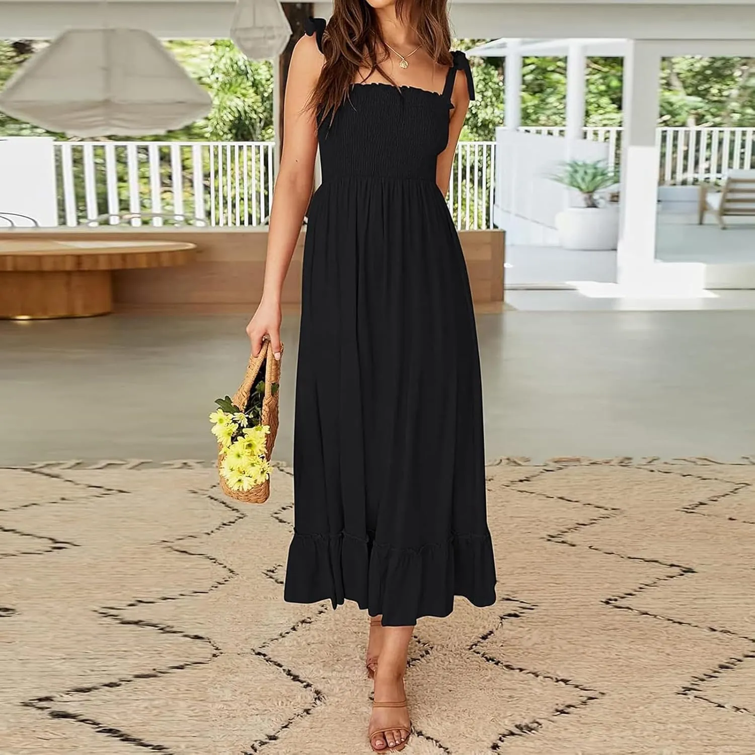 Dresses for Women 2025 Summer Boho Sleeveless Square Neck Ruffle Flowy Swing Dress A Line Beach Maxi Dress Sundress