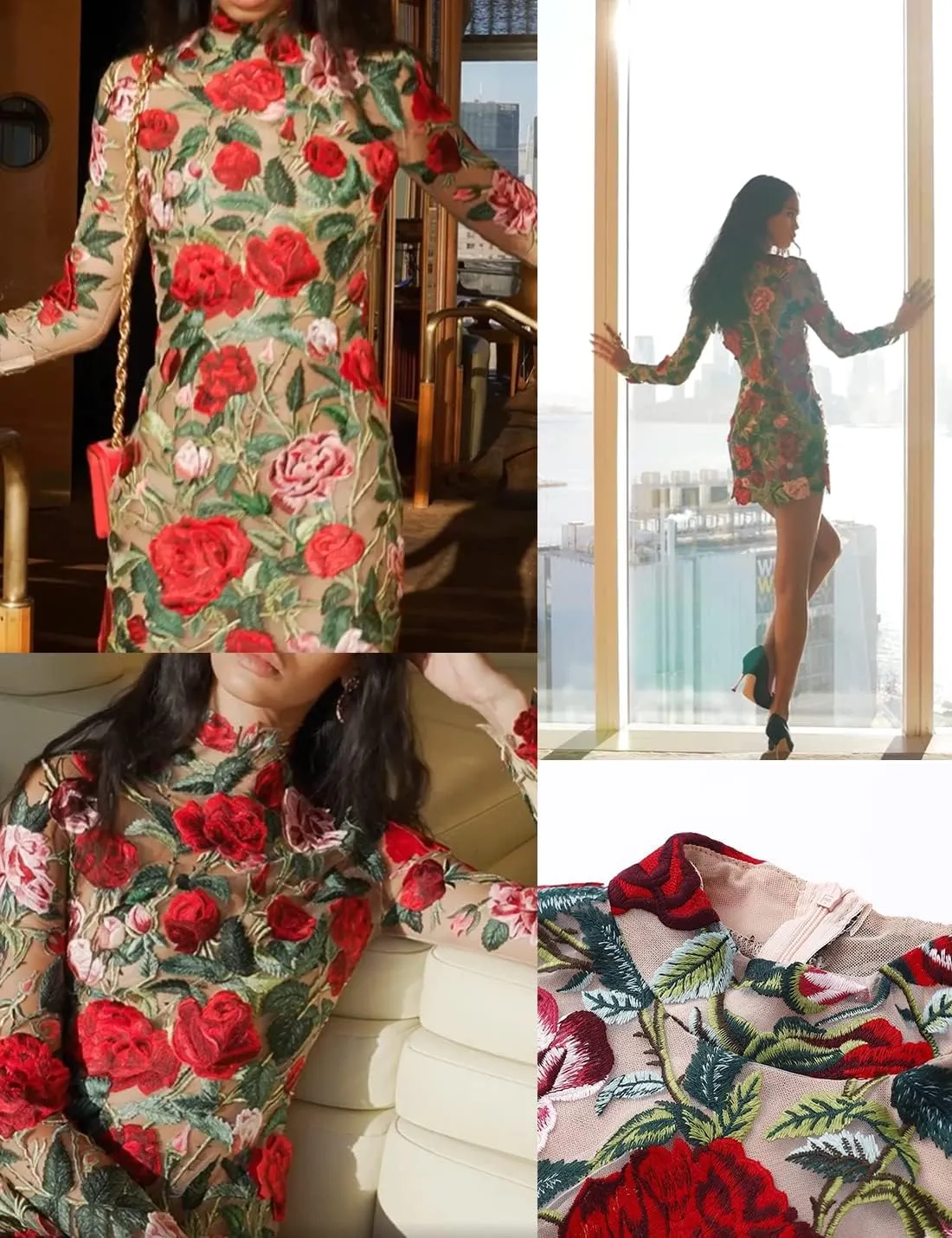 Elegant Embroidered Floral Dress for Women Lace Mini Dress Bodycon Long Sleeve Party Dress for Ladies
