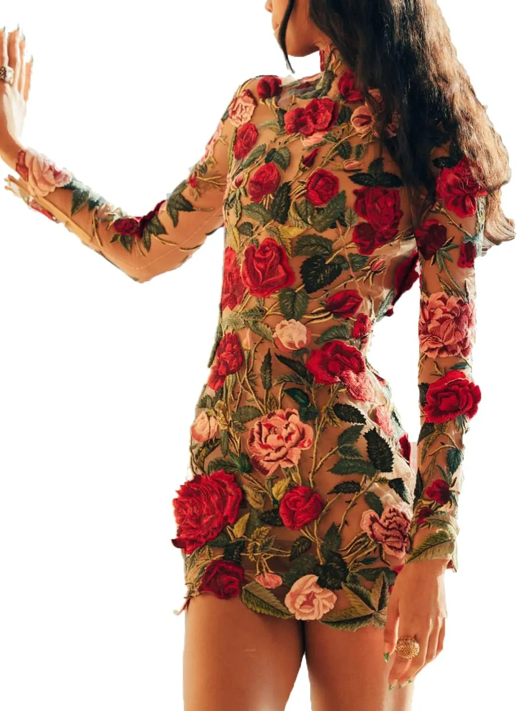 Elegant Embroidered Floral Dress for Women Lace Mini Dress Bodycon Long Sleeve Party Dress for Ladies