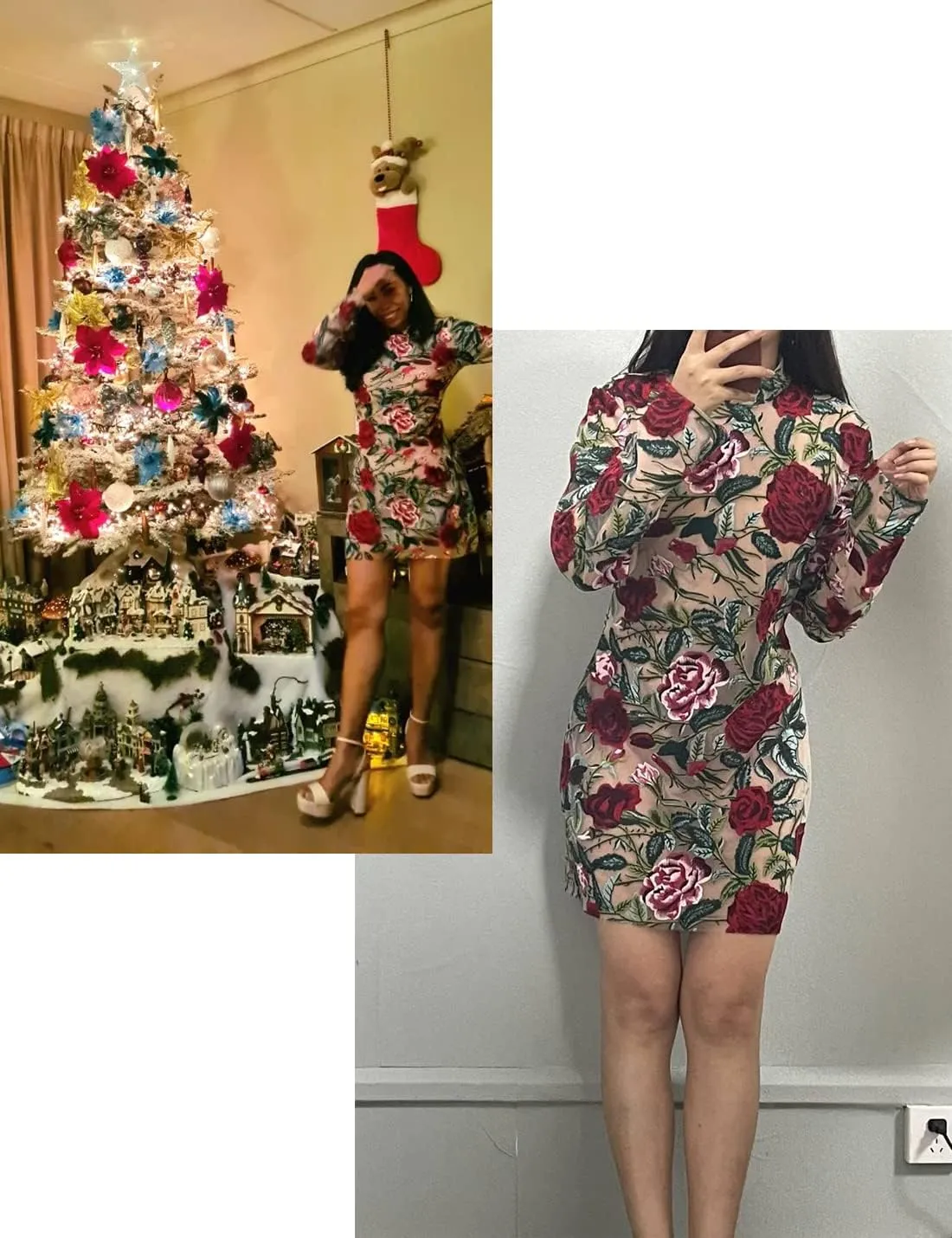 Elegant Embroidered Floral Dress for Women Lace Mini Dress Bodycon Long Sleeve Party Dress for Ladies