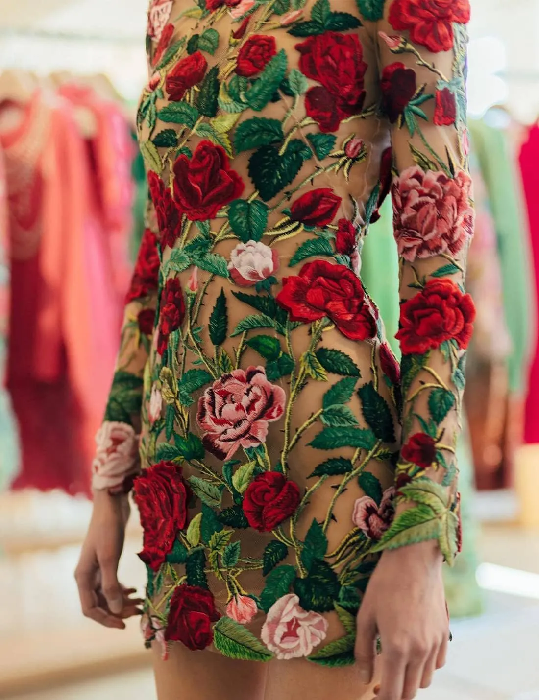 Elegant Embroidered Floral Dress for Women Lace Mini Dress Bodycon Long Sleeve Party Dress for Ladies