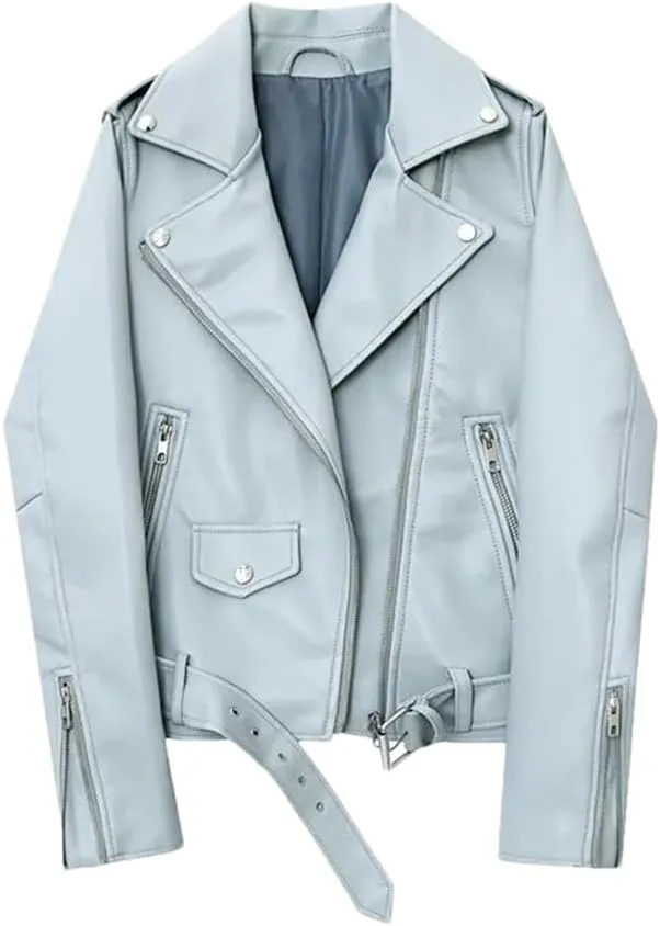 ERFMFKL Women's Solid Classic Long Sleeves Jacket Belt Motorcycle Jacket Oversized Faux Leather Jacket