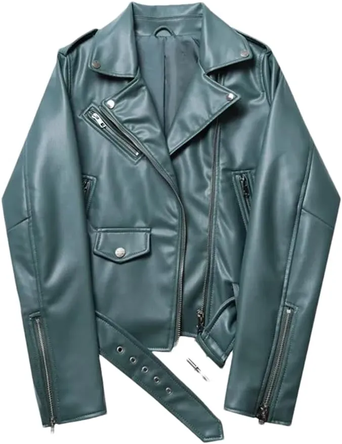 ERFMFKL Women's Solid Classic Long Sleeves Jacket Belt Motorcycle Jacket Oversized Faux Leather Jacket