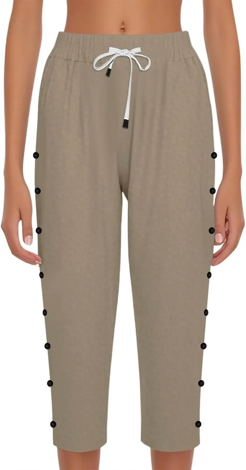 fanmpghleoo Linen Capris for Women Cropped Drawstring Linen Striped Pants Loose Fit Comfy Wide Leg Lounge Pants with Pockets