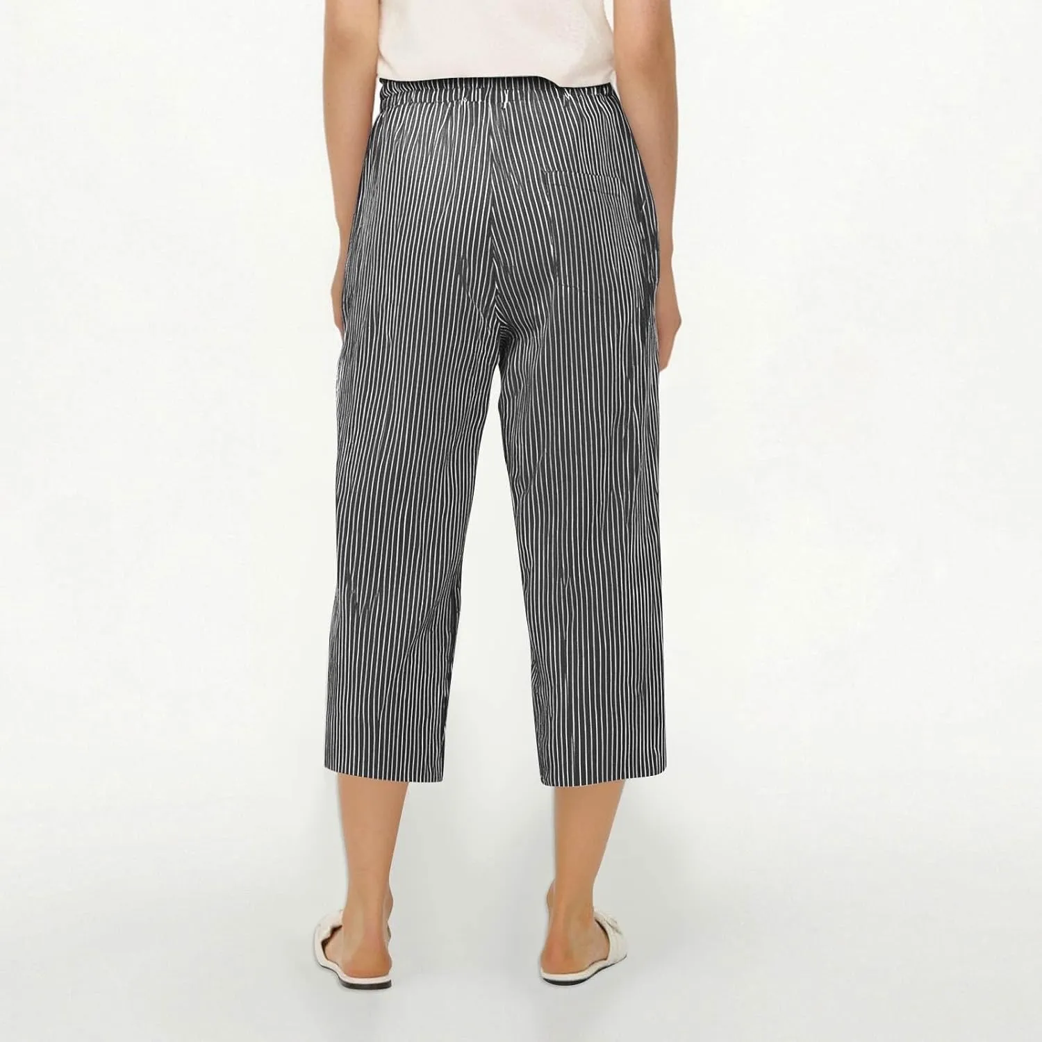 fanmpghleoo Linen Capris for Women Cropped Drawstring Linen Striped Pants Loose Fit Comfy Wide Leg Lounge Pants with Pockets