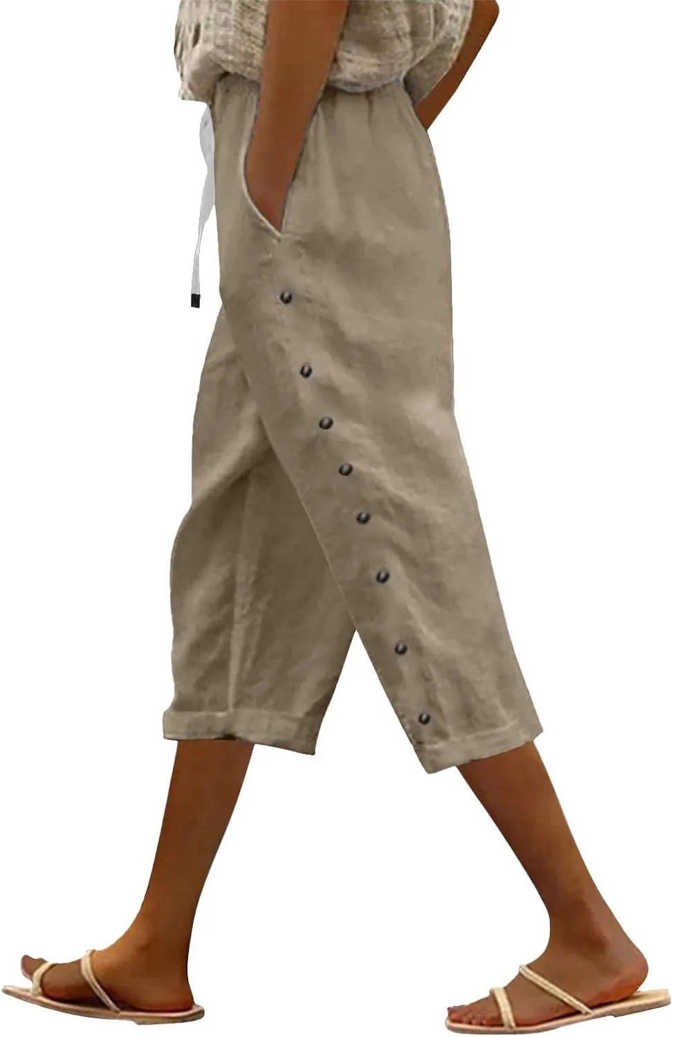 fanmpghleoo Linen Capris for Women Cropped Drawstring Linen Striped Pants Loose Fit Comfy Wide Leg Lounge Pants with Pockets