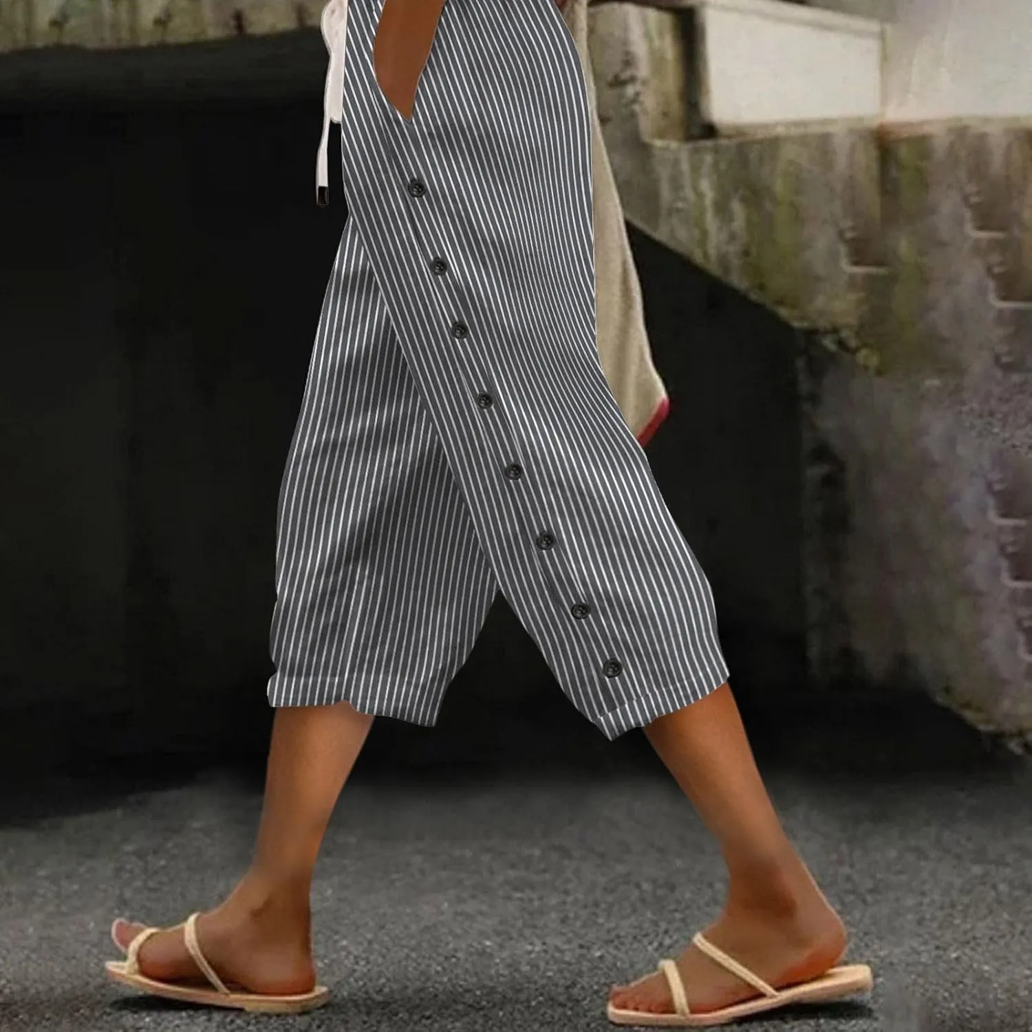 fanmpghleoo Linen Capris for Women Cropped Drawstring Linen Striped Pants Loose Fit Comfy Wide Leg Lounge Pants with Pockets