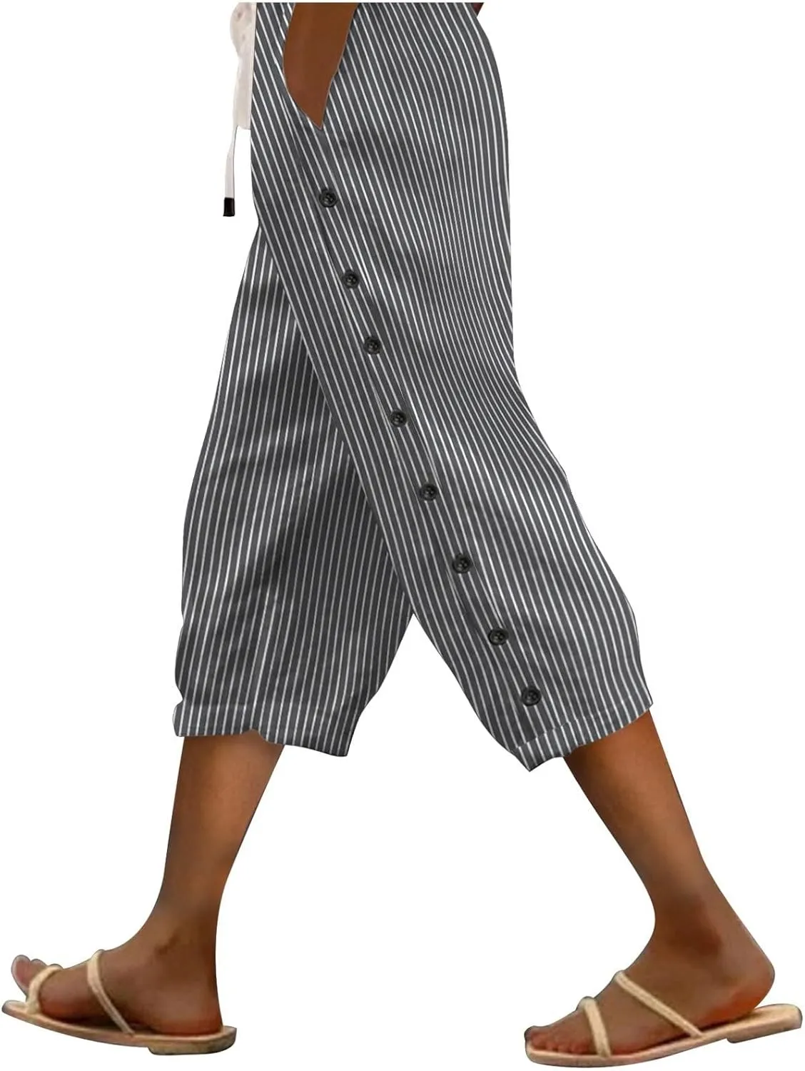 fanmpghleoo Linen Capris for Women Cropped Drawstring Linen Striped Pants Loose Fit Comfy Wide Leg Lounge Pants with Pockets