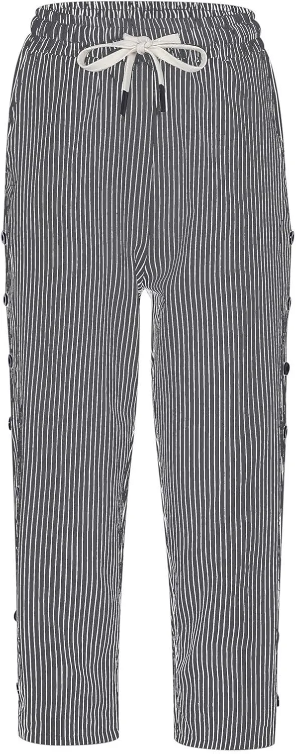 fanmpghleoo Linen Capris for Women Cropped Drawstring Linen Striped Pants Loose Fit Comfy Wide Leg Lounge Pants with Pockets